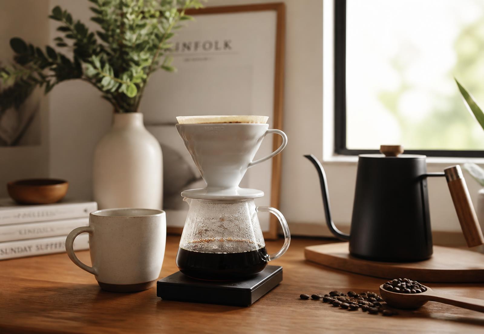 A home coffee setup with a pour-over dripper, gooseneck kettle and ceramic mug in natural light